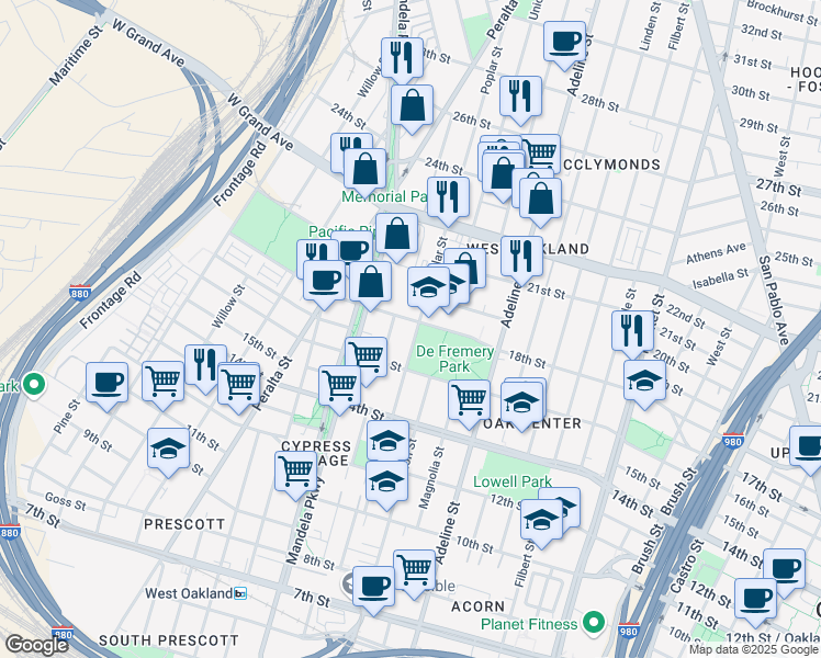 map of restaurants, bars, coffee shops, grocery stores, and more near 1300-1348 18th St in Oakland