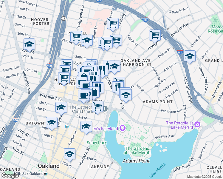 map of restaurants, bars, coffee shops, grocery stores, and more near 277 27th Street in Oakland