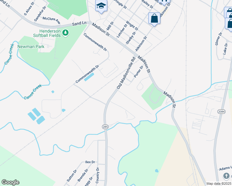 map of restaurants, bars, coffee shops, grocery stores, and more near 1598 Old Madisonville Road in Henderson