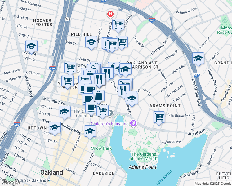 map of restaurants, bars, coffee shops, grocery stores, and more near 312 24th Street in Oakland