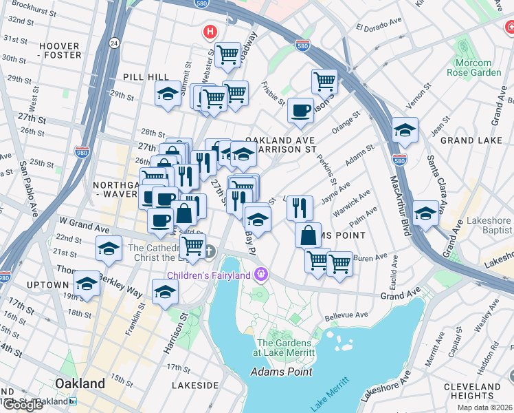 map of restaurants, bars, coffee shops, grocery stores, and more near 181 Vernon Terrace in Oakland