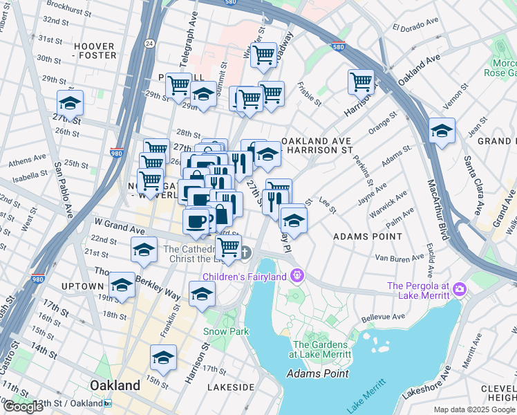 map of restaurants, bars, coffee shops, grocery stores, and more near 2501 Harrison Street in Oakland