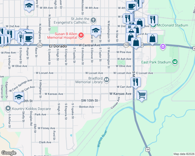map of restaurants, bars, coffee shops, grocery stores, and more near 502 South Denver Street in El Dorado