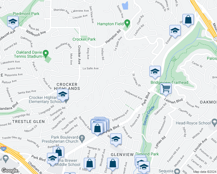map of restaurants, bars, coffee shops, grocery stores, and more near 1721 Trestle Glen Road in Oakland