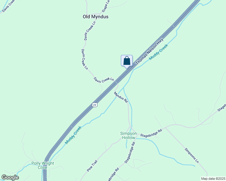 map of restaurants, bars, coffee shops, grocery stores, and more near Myndus Road in Lovingston