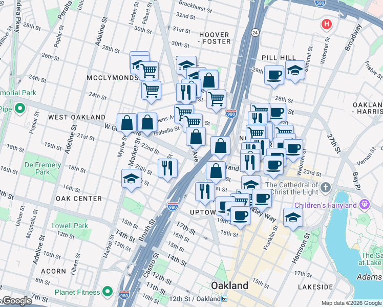 map of restaurants, bars, coffee shops, grocery stores, and more near 2251 San Pablo Avenue in Oakland