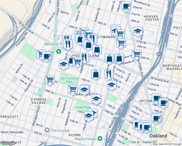 map of restaurants, bars, coffee shops, grocery stores, and more near 1917 Linden Street in Oakland