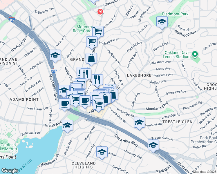 map of restaurants, bars, coffee shops, grocery stores, and more near 531 Prince Street in Oakland