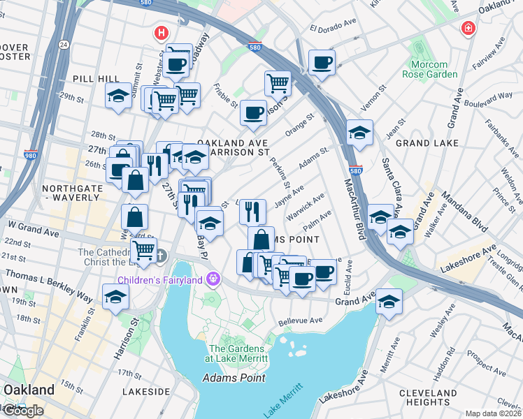 map of restaurants, bars, coffee shops, grocery stores, and more near 265 Adams Street in Oakland
