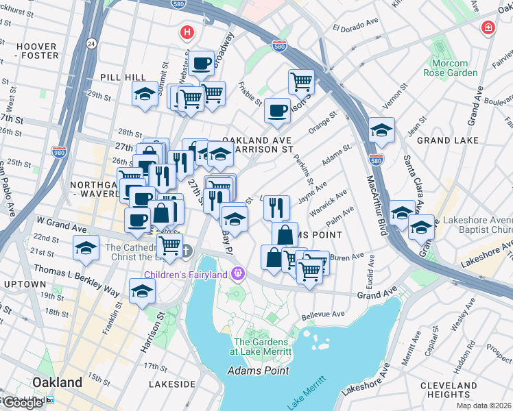 map of restaurants, bars, coffee shops, grocery stores, and more near 97 Vernon Street in Oakland