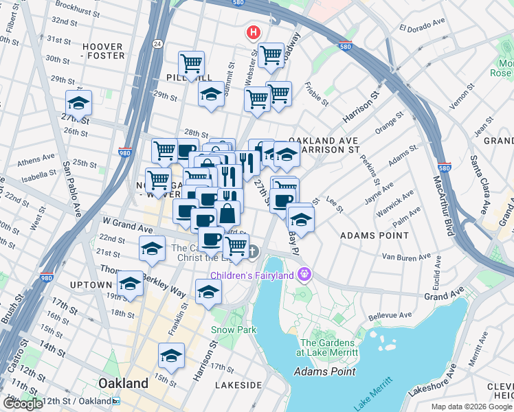 map of restaurants, bars, coffee shops, grocery stores, and more near 2412 Valdez Street in Oakland