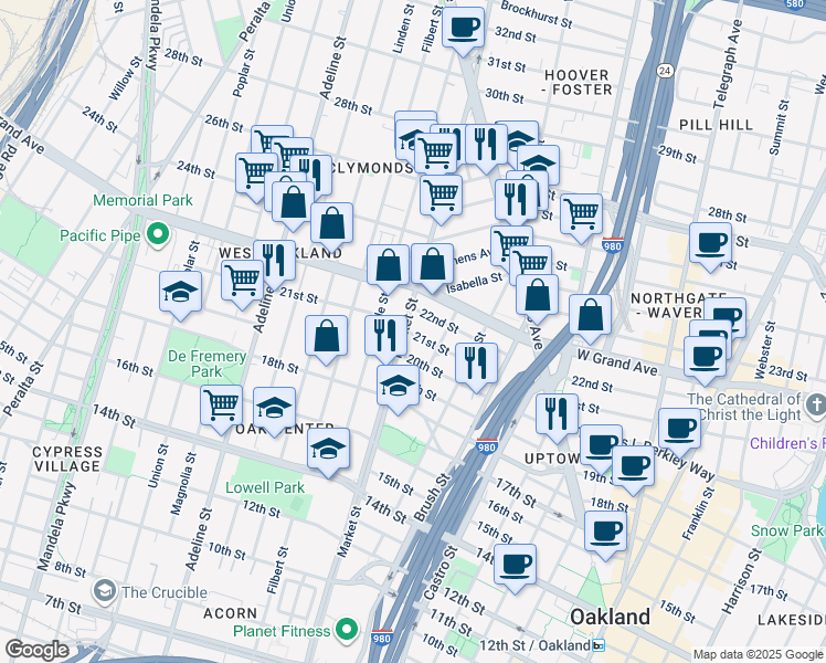 map of restaurants, bars, coffee shops, grocery stores, and more near 885 22nd Street in Oakland
