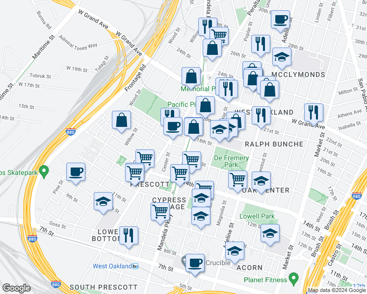 map of restaurants, bars, coffee shops, grocery stores, and more near 1717 Mandela Parkway in Oakland