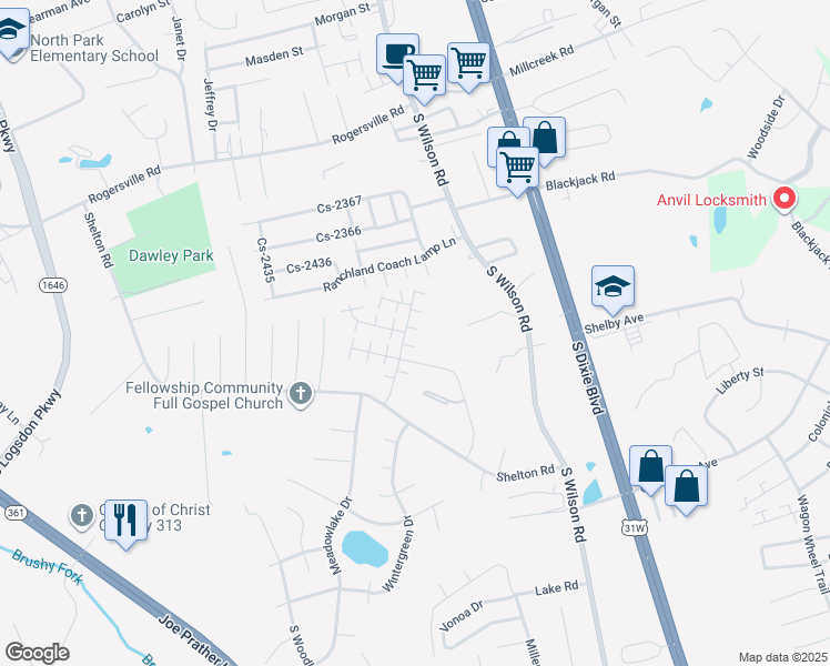 map of restaurants, bars, coffee shops, grocery stores, and more near 114 Hurstfield Drive in Radcliff