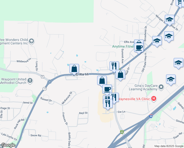 map of restaurants, bars, coffee shops, grocery stores, and more near 1508 U.S. Route 66 in Waynesville