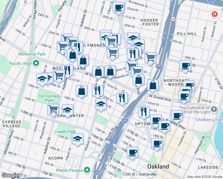 map of restaurants, bars, coffee shops, grocery stores, and more near 885 22nd Street in Oakland