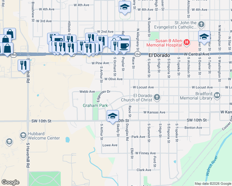 map of restaurants, bars, coffee shops, grocery stores, and more near 1414 Edgemoor Street in El Dorado