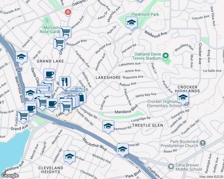 map of restaurants, bars, coffee shops, grocery stores, and more near 666 Rosal Avenue in Oakland