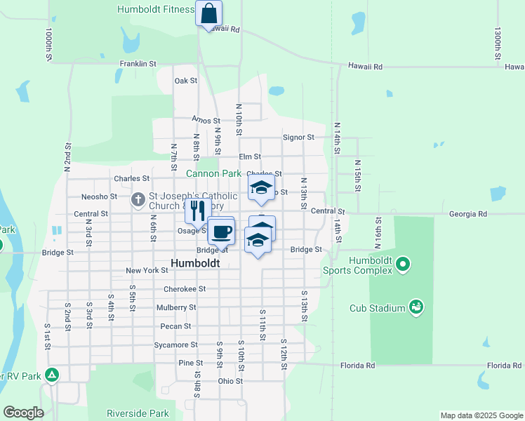 map of restaurants, bars, coffee shops, grocery stores, and more near 1100 Central Street in Humboldt