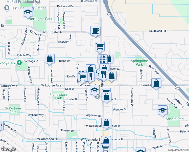 map of restaurants, bars, coffee shops, grocery stores, and more near 1173 North Main Street in Manteca