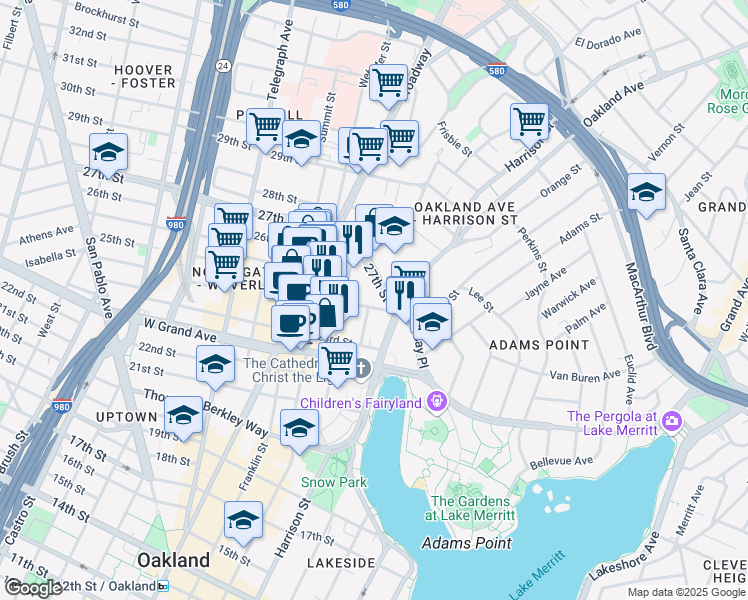 map of restaurants, bars, coffee shops, grocery stores, and more near 2501 Harrison Street in Oakland