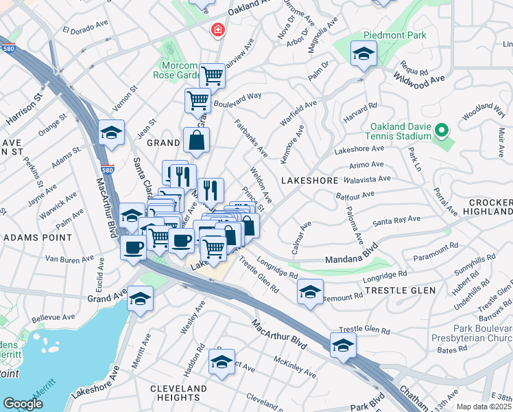 map of restaurants, bars, coffee shops, grocery stores, and more near 531 Prince Street in Oakland