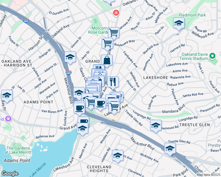 map of restaurants, bars, coffee shops, grocery stores, and more near in Oakland