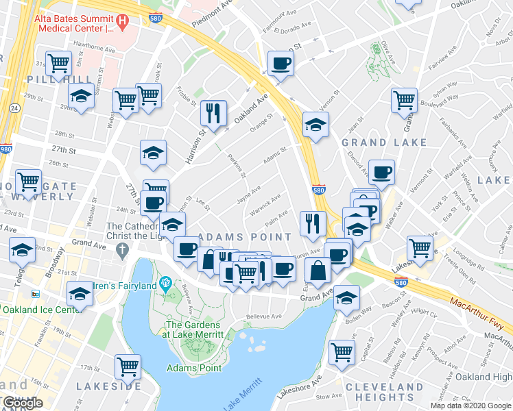 map of restaurants, bars, coffee shops, grocery stores, and more near 329 Warwick Avenue in Oakland