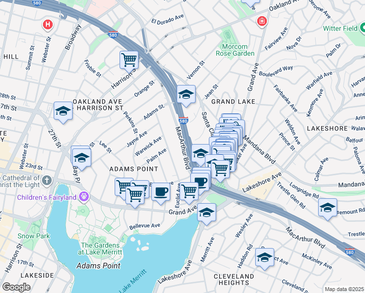 map of restaurants, bars, coffee shops, grocery stores, and more near in Oakland