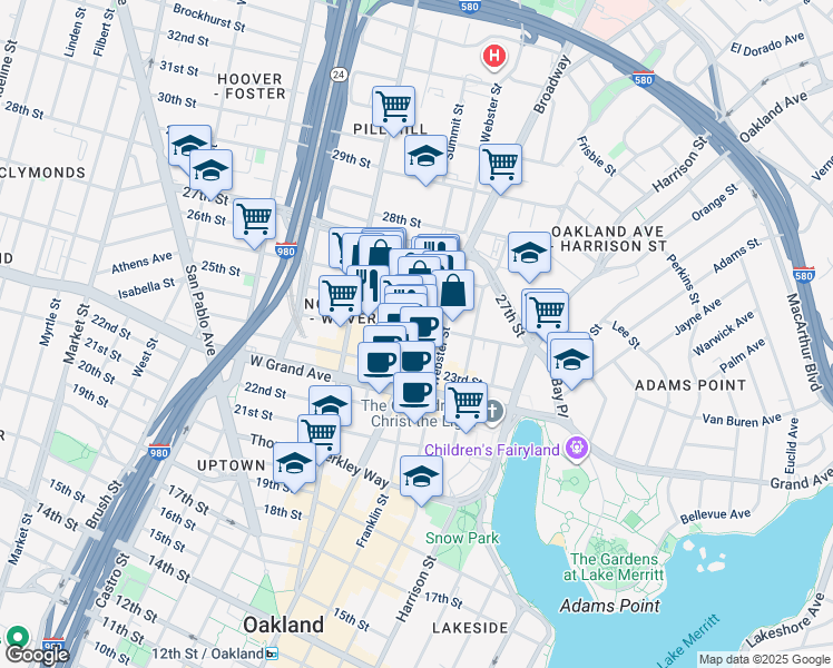 map of restaurants, bars, coffee shops, grocery stores, and more near 105 24th Street in Oakland