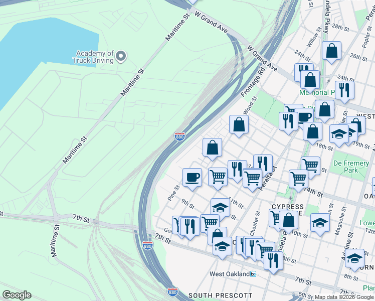 map of restaurants, bars, coffee shops, grocery stores, and more near 1357 Pullman Way in Oakland
