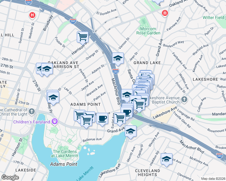 map of restaurants, bars, coffee shops, grocery stores, and more near 345 MacArthur Boulevard in Oakland