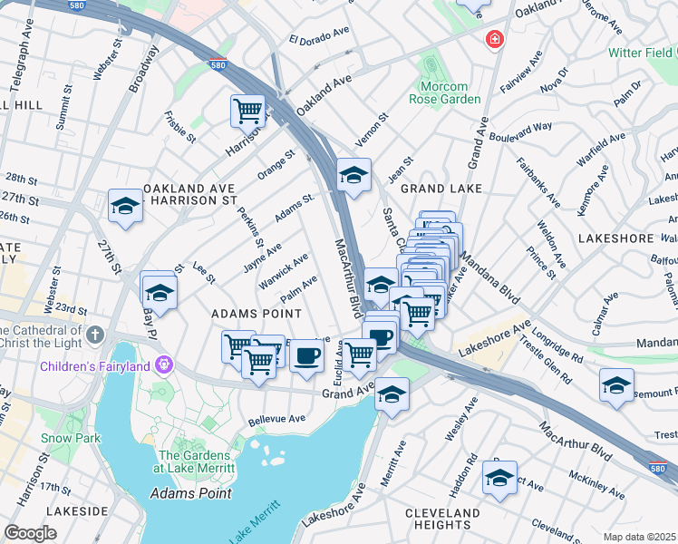 map of restaurants, bars, coffee shops, grocery stores, and more near 345 MacArthur Boulevard in Oakland