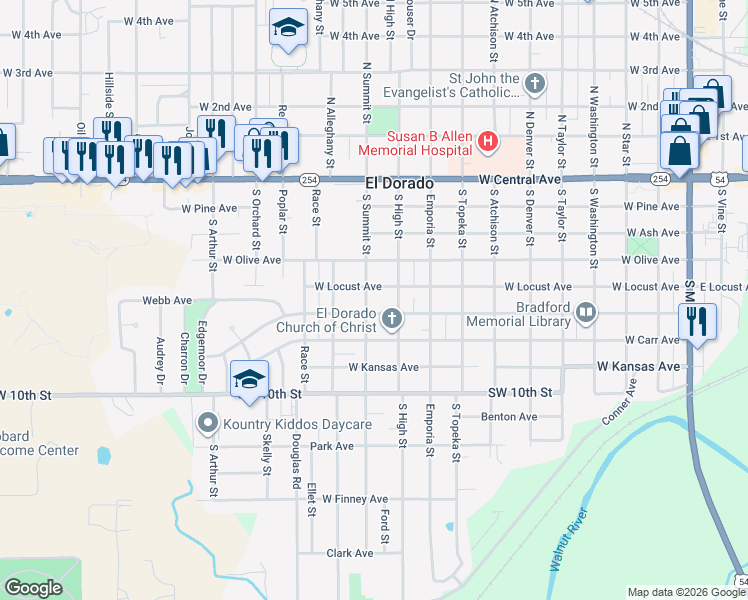 map of restaurants, bars, coffee shops, grocery stores, and more near 501 South Summit Street in El Dorado