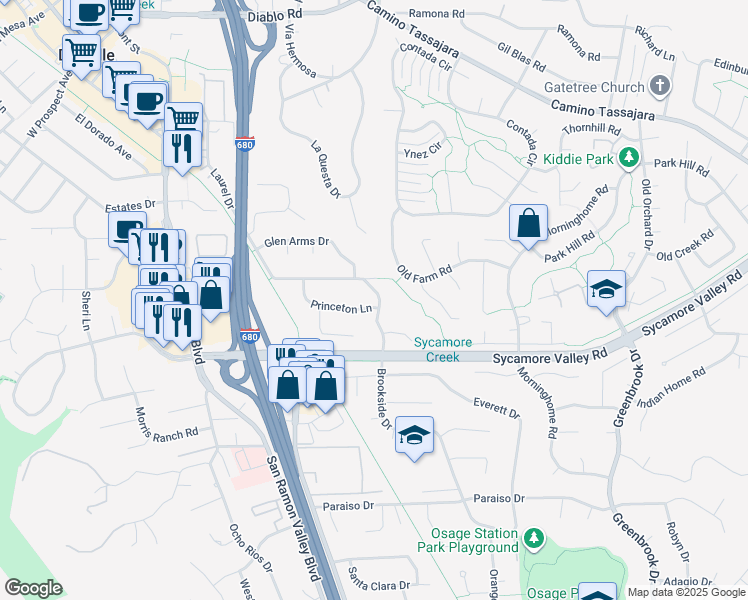 map of restaurants, bars, coffee shops, grocery stores, and more near 619 Brookside Drive in Danville