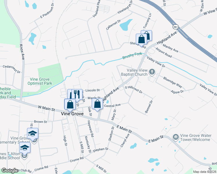 map of restaurants, bars, coffee shops, grocery stores, and more near 498 Lincoln Street in Vine Grove