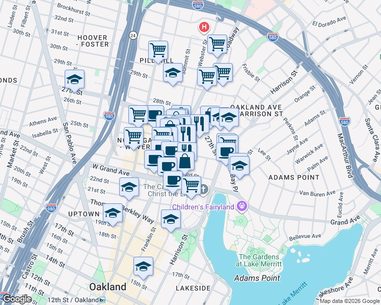 map of restaurants, bars, coffee shops, grocery stores, and more near 360 24th Street in Oakland