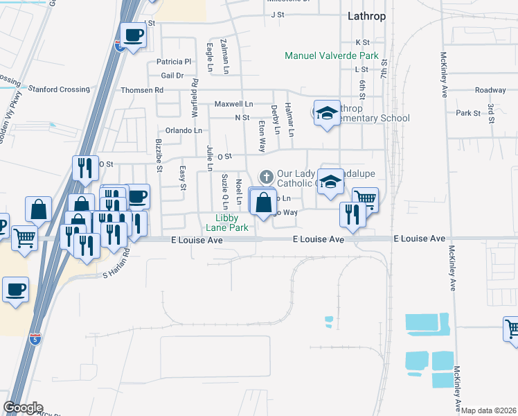map of restaurants, bars, coffee shops, grocery stores, and more near 16333 Cambridge Drive in Lathrop