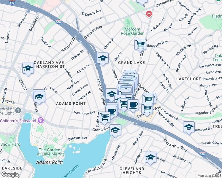 map of restaurants, bars, coffee shops, grocery stores, and more near 466 Crescent Street in Oakland