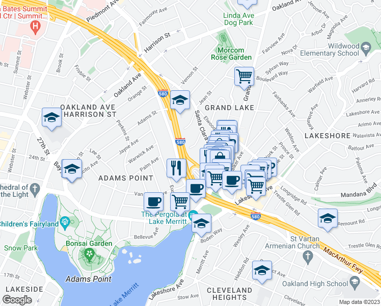 map of restaurants, bars, coffee shops, grocery stores, and more near 466 Crescent Street in Oakland