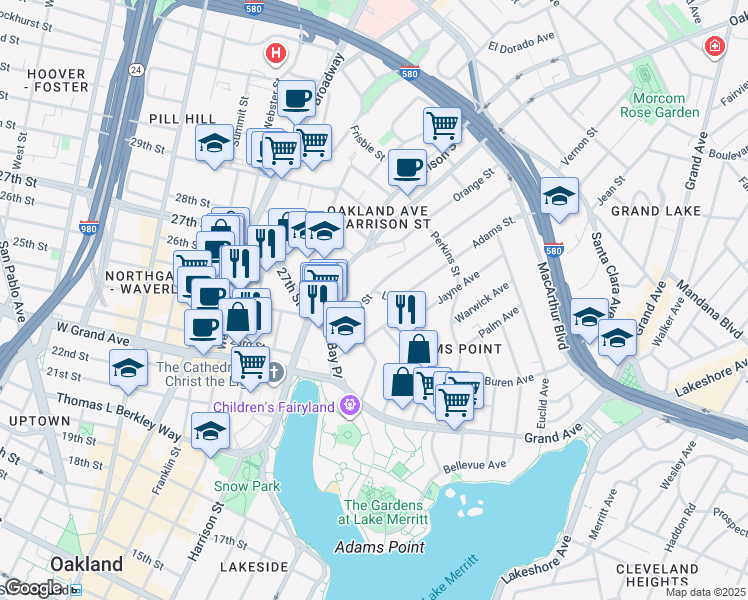 map of restaurants, bars, coffee shops, grocery stores, and more near 97 Vernon Street in Oakland