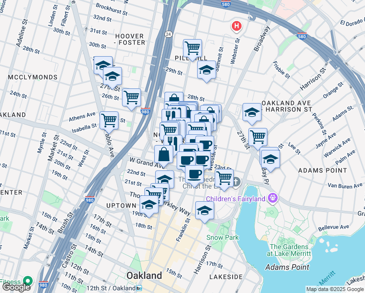 map of restaurants, bars, coffee shops, grocery stores, and more near in Oakland
