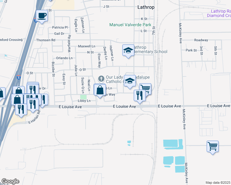 map of restaurants, bars, coffee shops, grocery stores, and more near 1005 Mingo Way in Lathrop