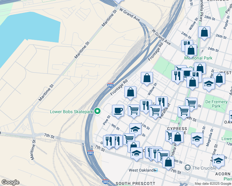 map of restaurants, bars, coffee shops, grocery stores, and more near 1357 Pullman Way in Oakland