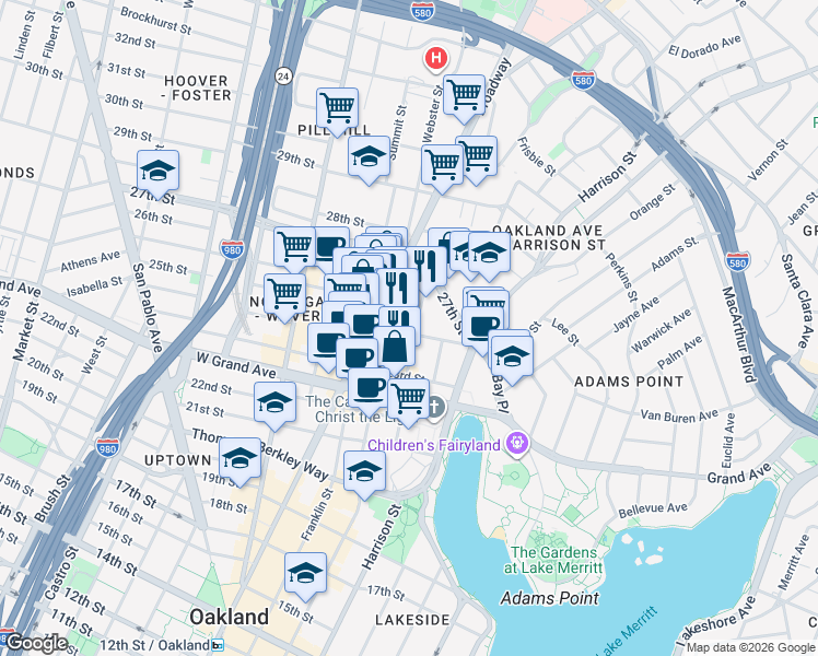 map of restaurants, bars, coffee shops, grocery stores, and more near 2412 Valdez Street in Oakland