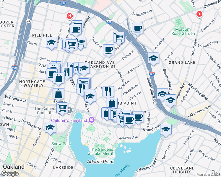 map of restaurants, bars, coffee shops, grocery stores, and more near 266 Adams Street in Oakland