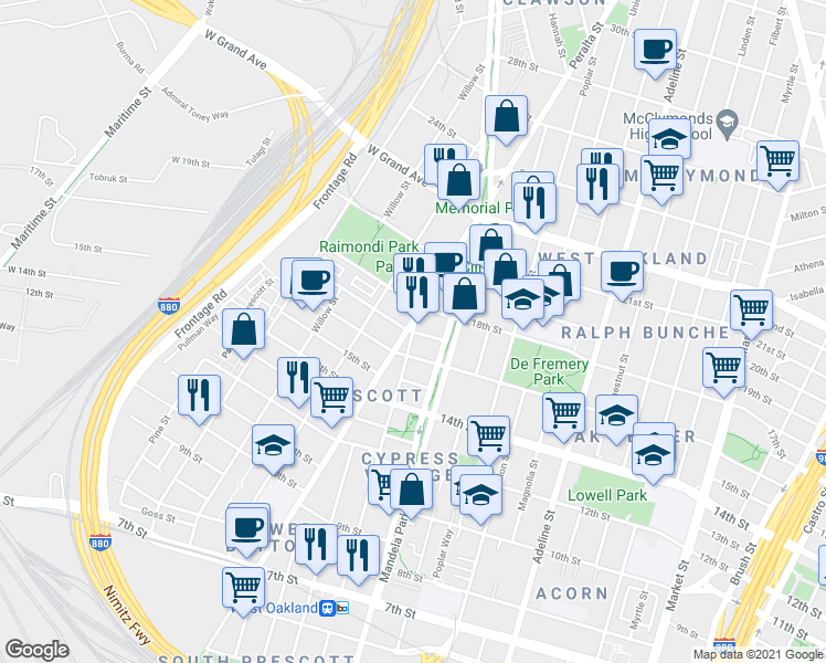 map of restaurants, bars, coffee shops, grocery stores, and more near 17th Street & Center Street in Oakland