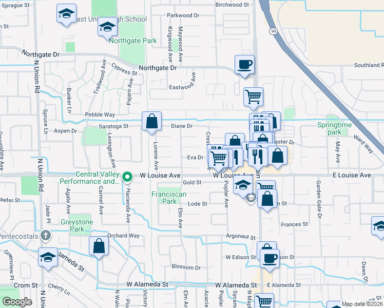 map of restaurants, bars, coffee shops, grocery stores, and more near 451 Eva Drive in Manteca