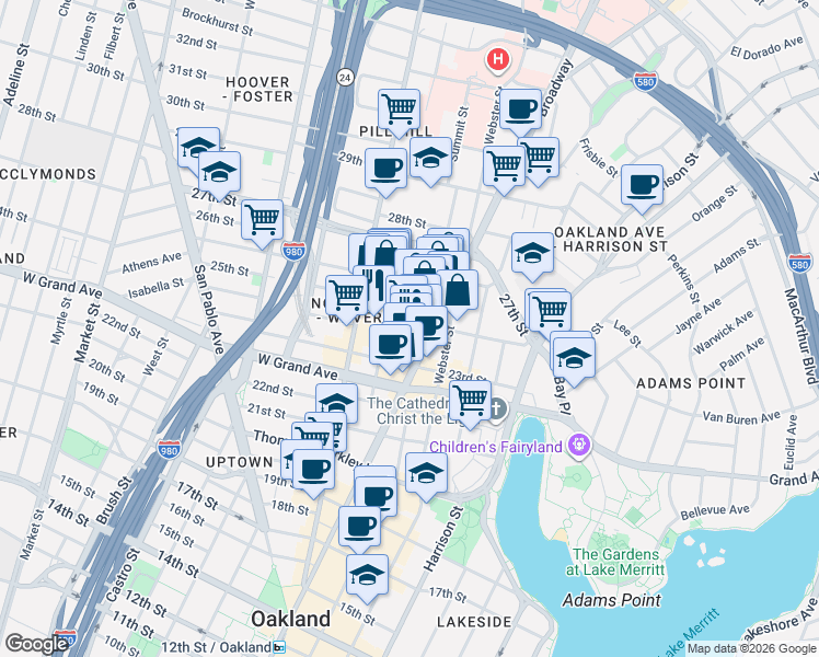 map of restaurants, bars, coffee shops, grocery stores, and more near 105 24th Street in Oakland