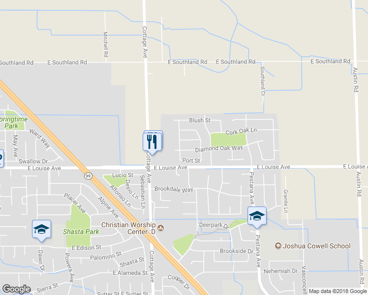 map of restaurants, bars, coffee shops, grocery stores, and more near 1423 Diamond Oak Way in Manteca